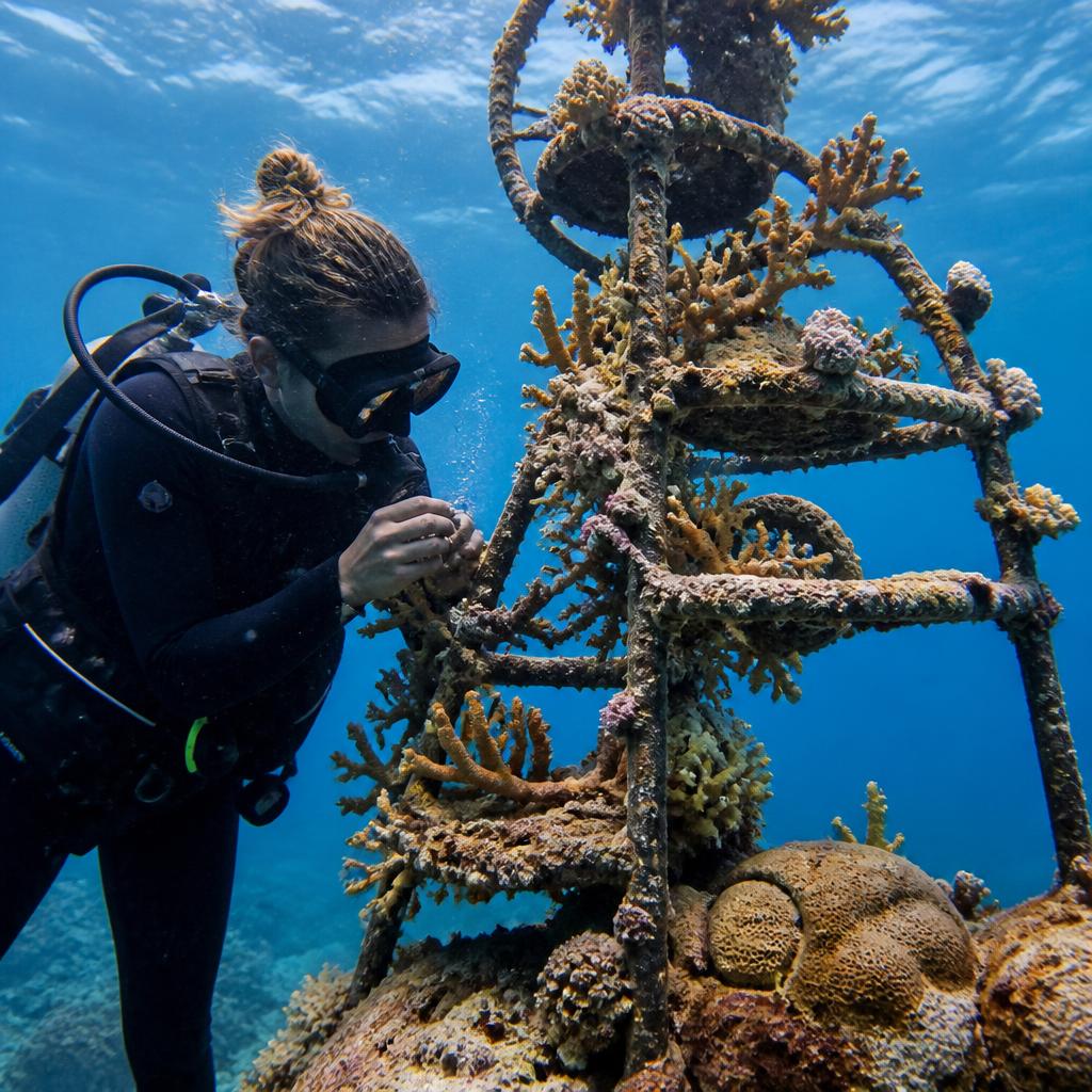 Marine scientist inspecting coral growing on a Biorock frame